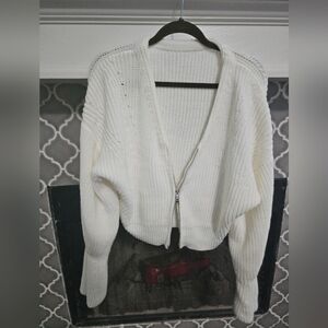 White Double Zipper Knit Sweater